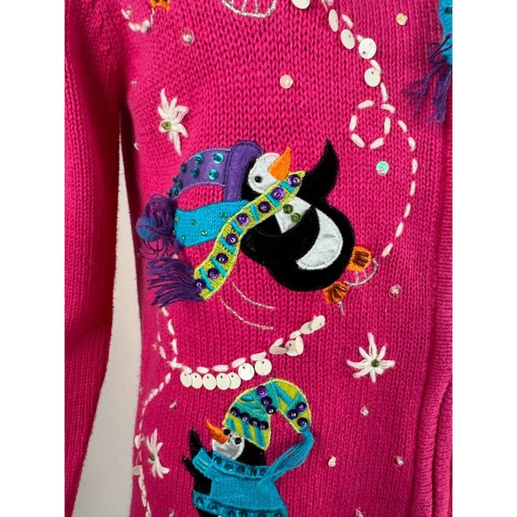 Heirloom Collectibles Petite Lg XMas Penguin Zip Cardigan Sweater Pink Cotton Bl - Picture 12 of 16